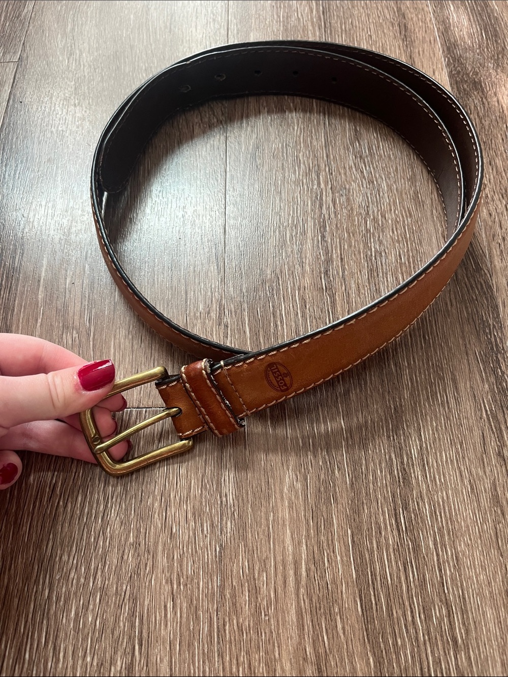 Fossil Men's Tan Leather Belt with Brass Buckle